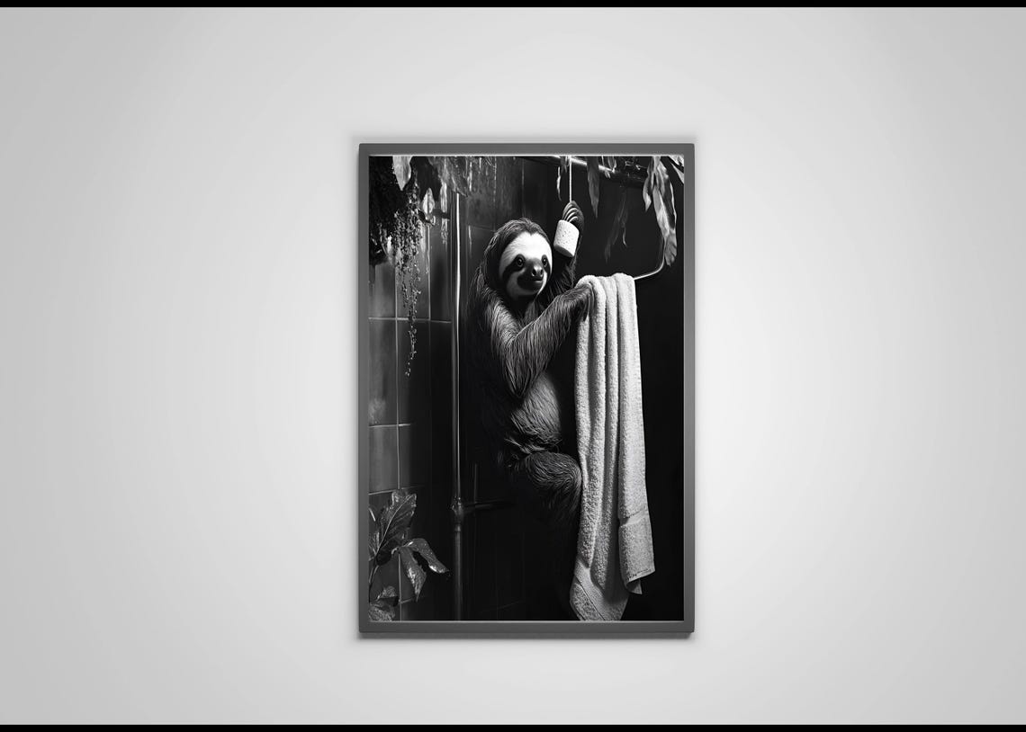 Sloth Hanging In Shower Holding Towel Black And White Poster