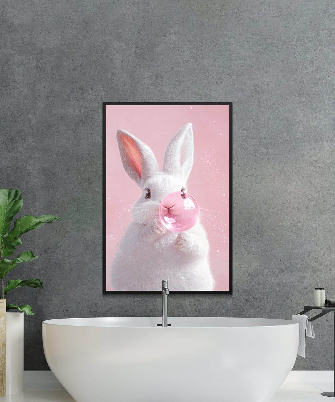 White Bunny Blowing A Pink Bubblegum Bubble On Pastel Pink Poster - Image 4