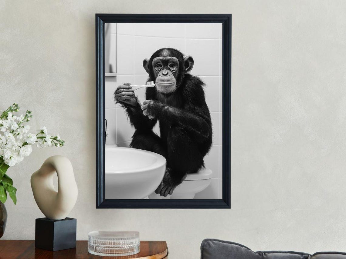 Baby Chimpanzee Brushing Its Teeth at a Bathroom Sink Photo Poster