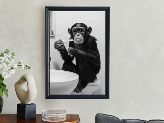 Baby Chimpanzee Brushing Its Teeth at a Bathroom Sink Photo Poster