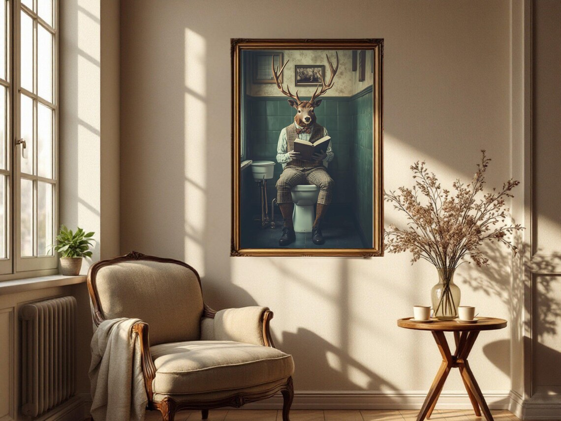 Gentleman Stag Deer in a Tweed Suit Reading on the Toilet Poster - Image 4