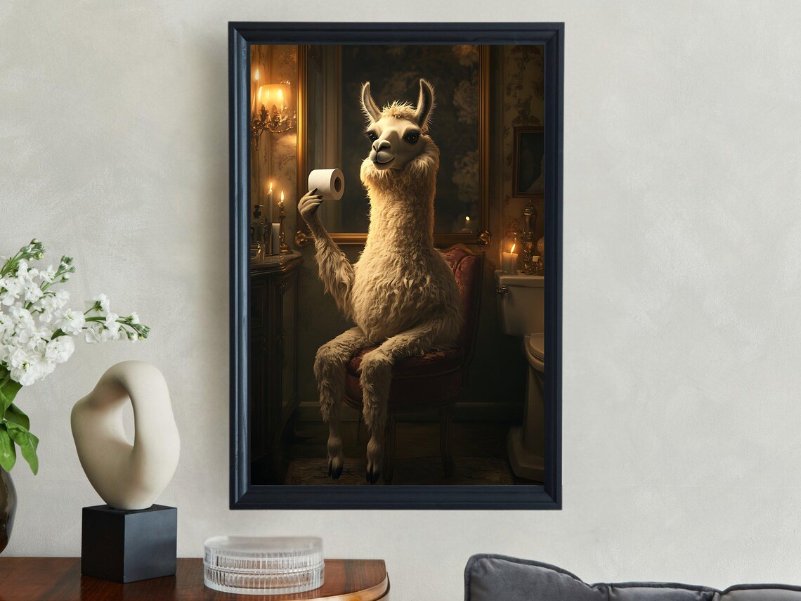 Llama Holding Toilet Paper In Candlelit Bathroom Funny Animal Poster - Image 2
