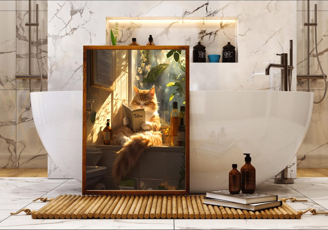 Ginger Cat Reading A Newspaper On A Sunny Bathroom Windowsill Poster - Image 5