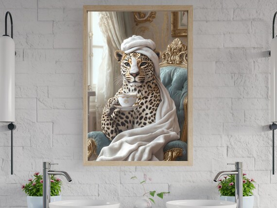 Leopard in a Towel Turban Sipping Tea on a Velvet Chair Poster