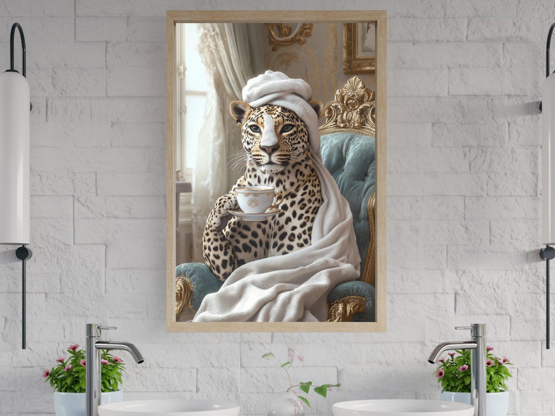 Leopard in a Towel Turban Sipping Tea on a Velvet Chair Poster