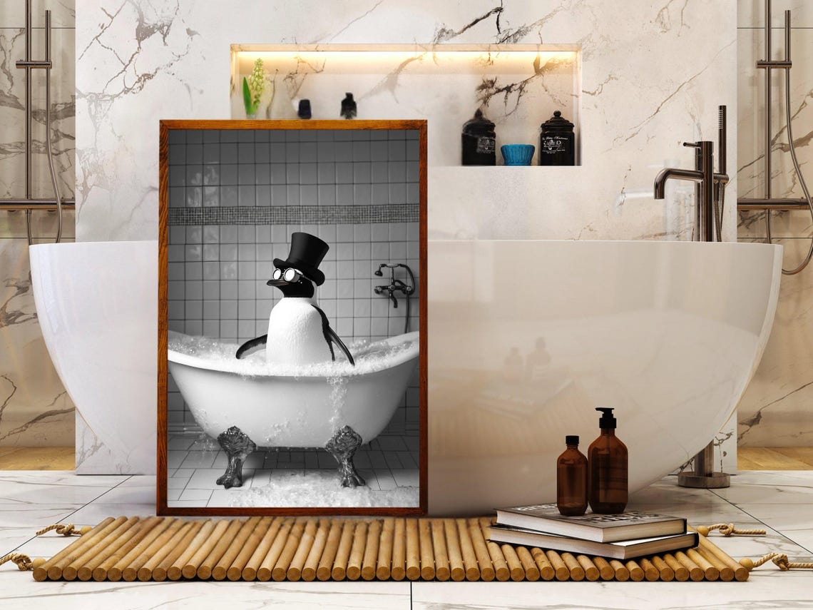 Dapper Penguin in Top Hat Relaxing in Bubble Bath Vintage Poster - Image 5