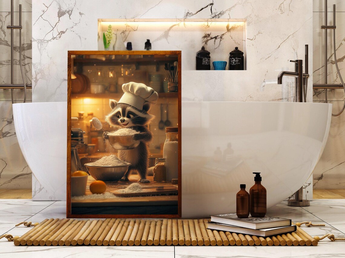 Raccoon Chef in a Toque Mixing Flour in a Cozy Kitchen Poster - Image 5