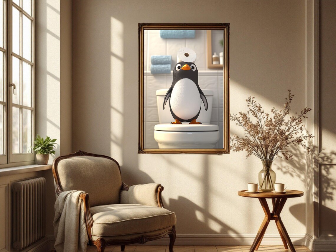 Cute Cartoon Penguin Sitting on Toilet With Toilet Paper Hat Poster - Image 4