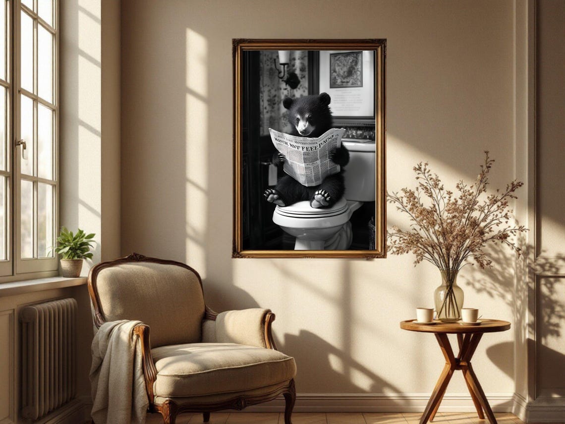 Funny Black Bear Cub Reading a Newspaper on the Toilet Poster - Image 4
