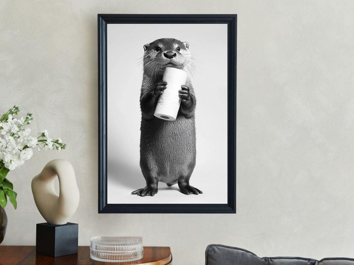 Otter Holding a Toilet Paper Roll Black and White Minimalist Poster