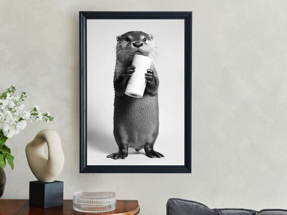 Otter Holding a Toilet Paper Roll Black and White Minimalist Poster