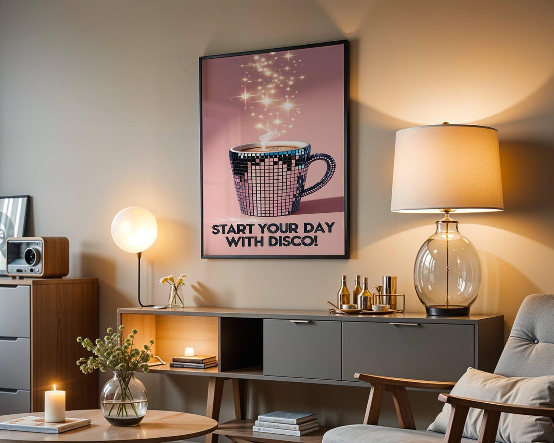 Disco Ball Coffee Mug Start Your Day With Disco Pink Kitchen Poster - Image 4