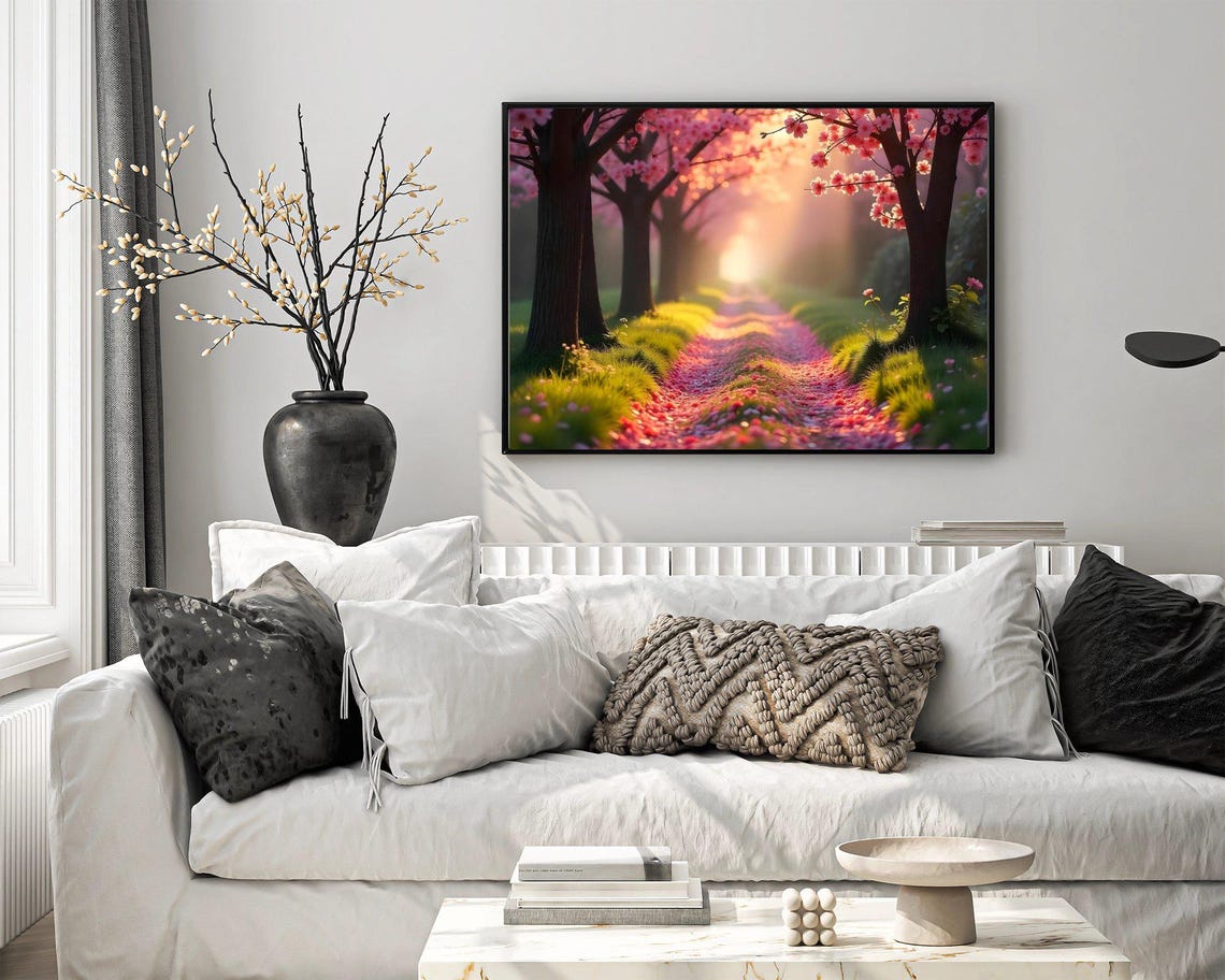 Cherry Blossom Pathway at Sunrise Covered in Fallen Pink Petals Poster - Image 4