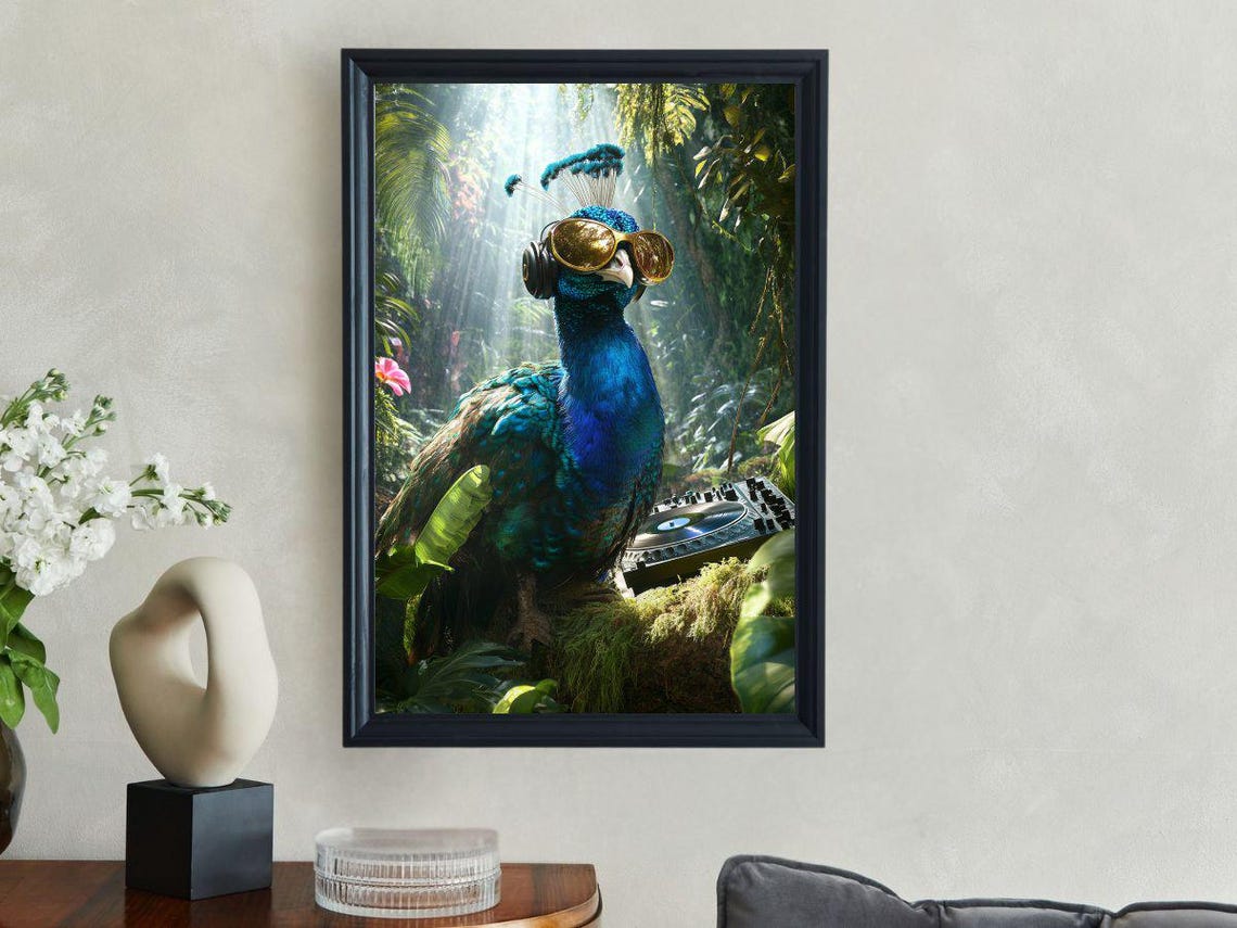 Peacock DJ with Sunglasses and Headphones in a Jungle Setting Poster