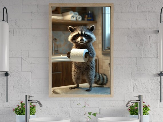 Cute Raccoon Holding Toilet Paper Roll Funny Bathroom Animal Poster