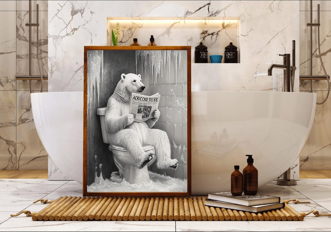 Polar Bear Reading the Paper on the Toilet in an Icy Bathroom Poster - Image 5