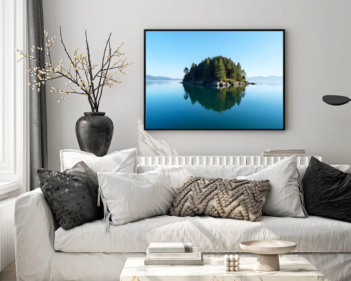 Tiny Forested Island with Mirror Reflection on a Calm Blue Lake Poster - Image 4