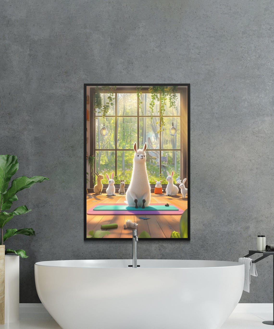 Llama Leading a Yoga Class With Bunnies in a Sunny Studio Poster - Image 2
