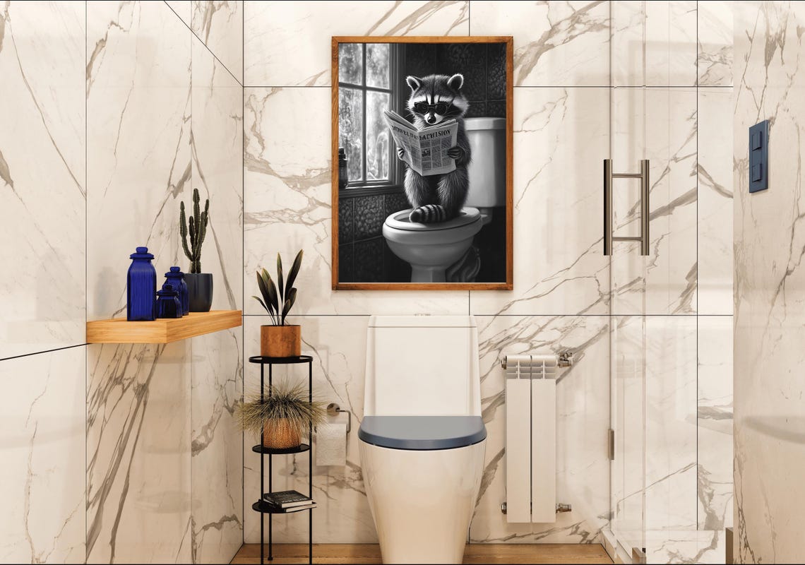 Raccoon Reading the Newspaper on the Toilet Funny Bathroom Poster - Image 4