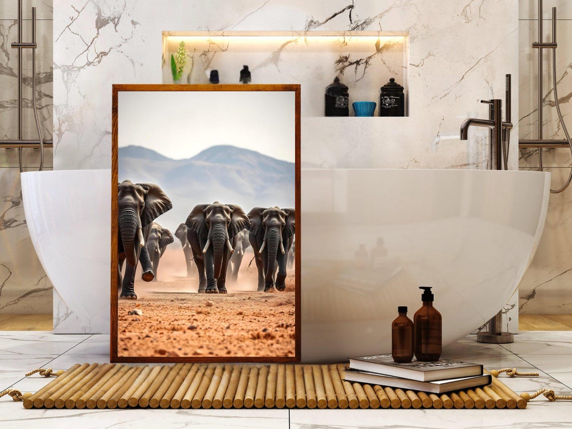 African Elephant Herd Charging Forward on a Dusty Savanna Trail Poster - Image 4