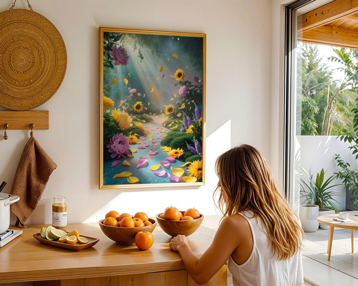 Sunlit Sunflower Garden Petal Stream Magical Light Art Print - Image 2
