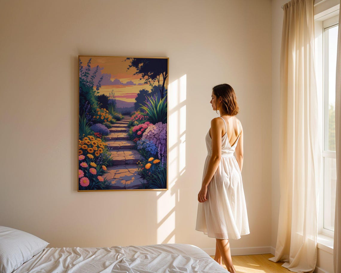 Sunset Garden Stone Path Lined With Vibrant Wildflowers Poster - Image 4
