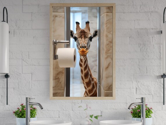 Giraffe Peeking Through Bathroom Door Funny Animal Bathroom Poster