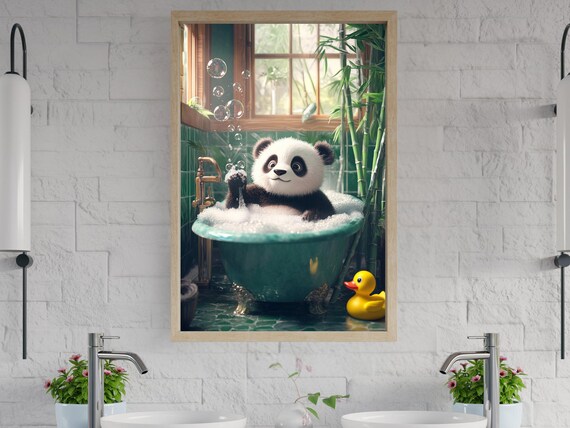 Cute Panda Bubble Bath with Rubber Duck Bathroom Fun Wall Art