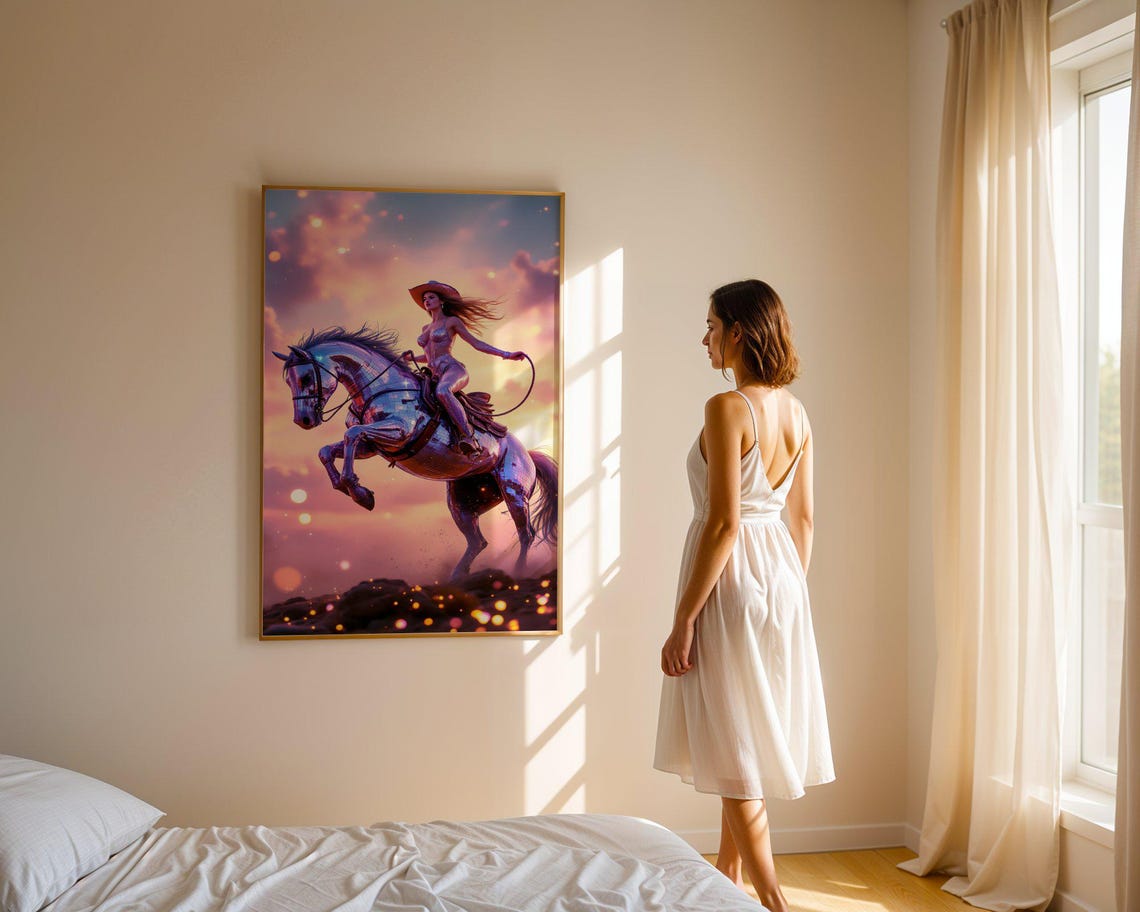 Cowgirl Riding Metallic Disco Horse Leaping At Sunset Poster - Image 3