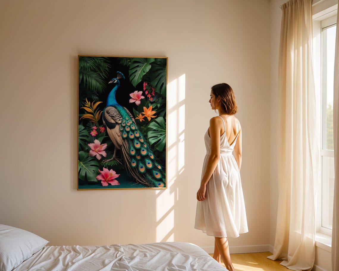 Majestic Peacock Standing Among Pink Hibiscus In A Dark Jungle Poster - Image 4