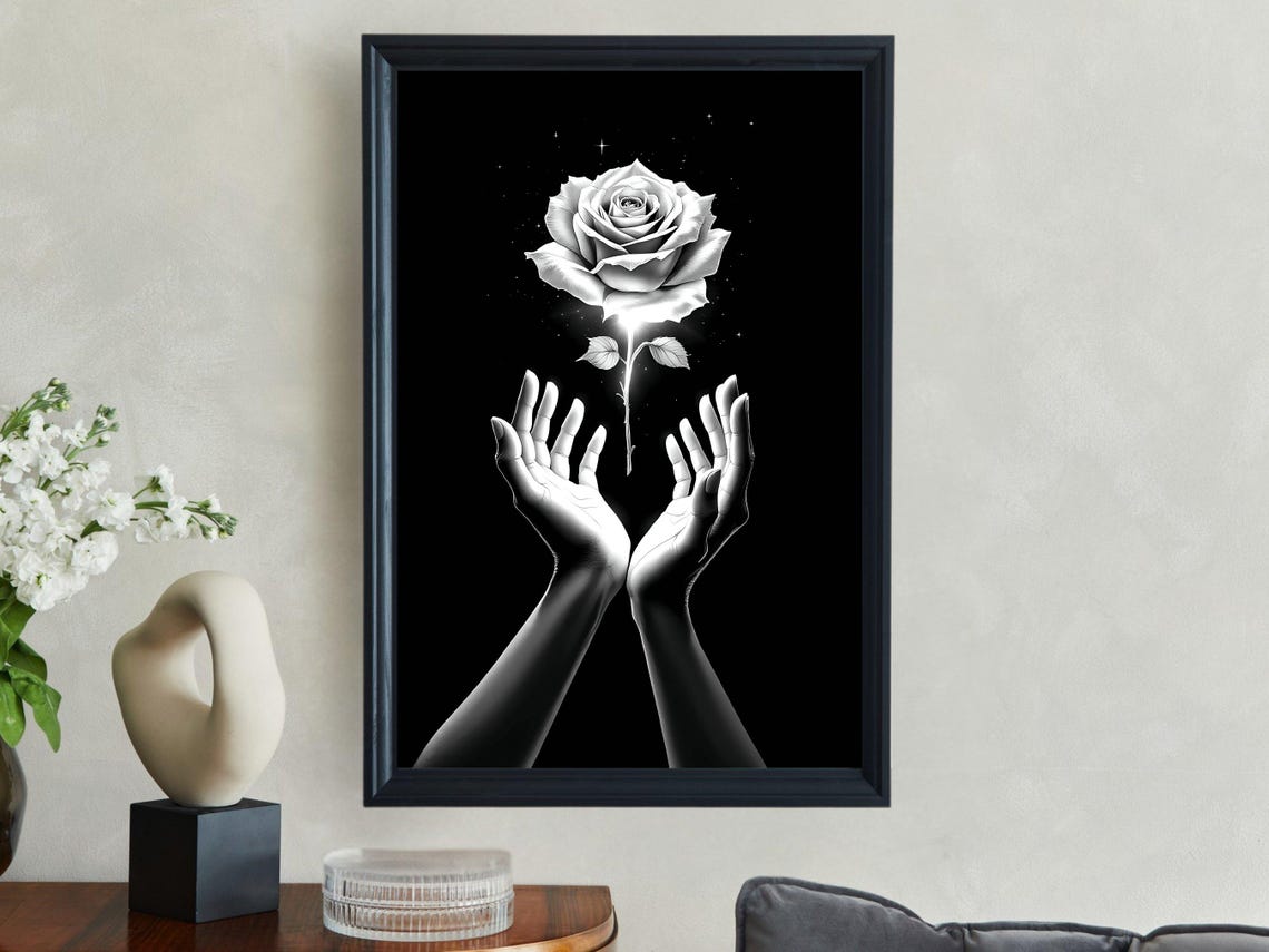 Hands Holding a Glowing White Rose on Black Dramatic Floral Art Poster