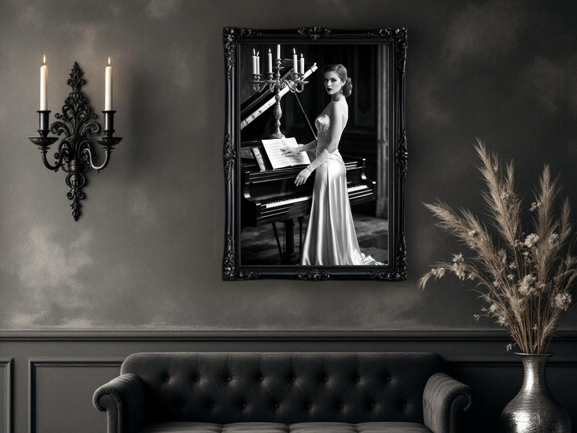 Woman in Satin Gown at Grand Piano with Candelabra, B&W Poster - Image 4