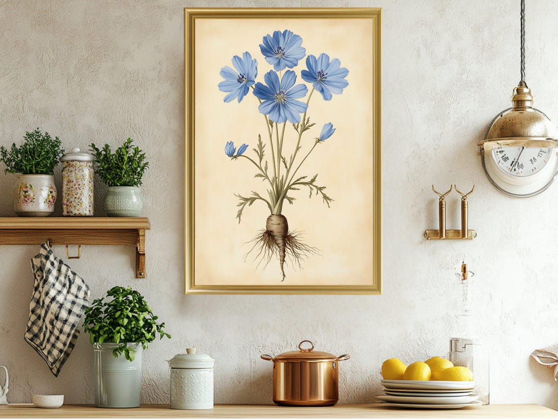 Blue Wildflower With Roots Vintage Botanical Flower Study Poster