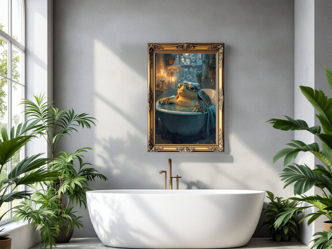 Relaxing Sea Turtle Soaking in a Candlelit Vintage Bathtub Poster - Image 3