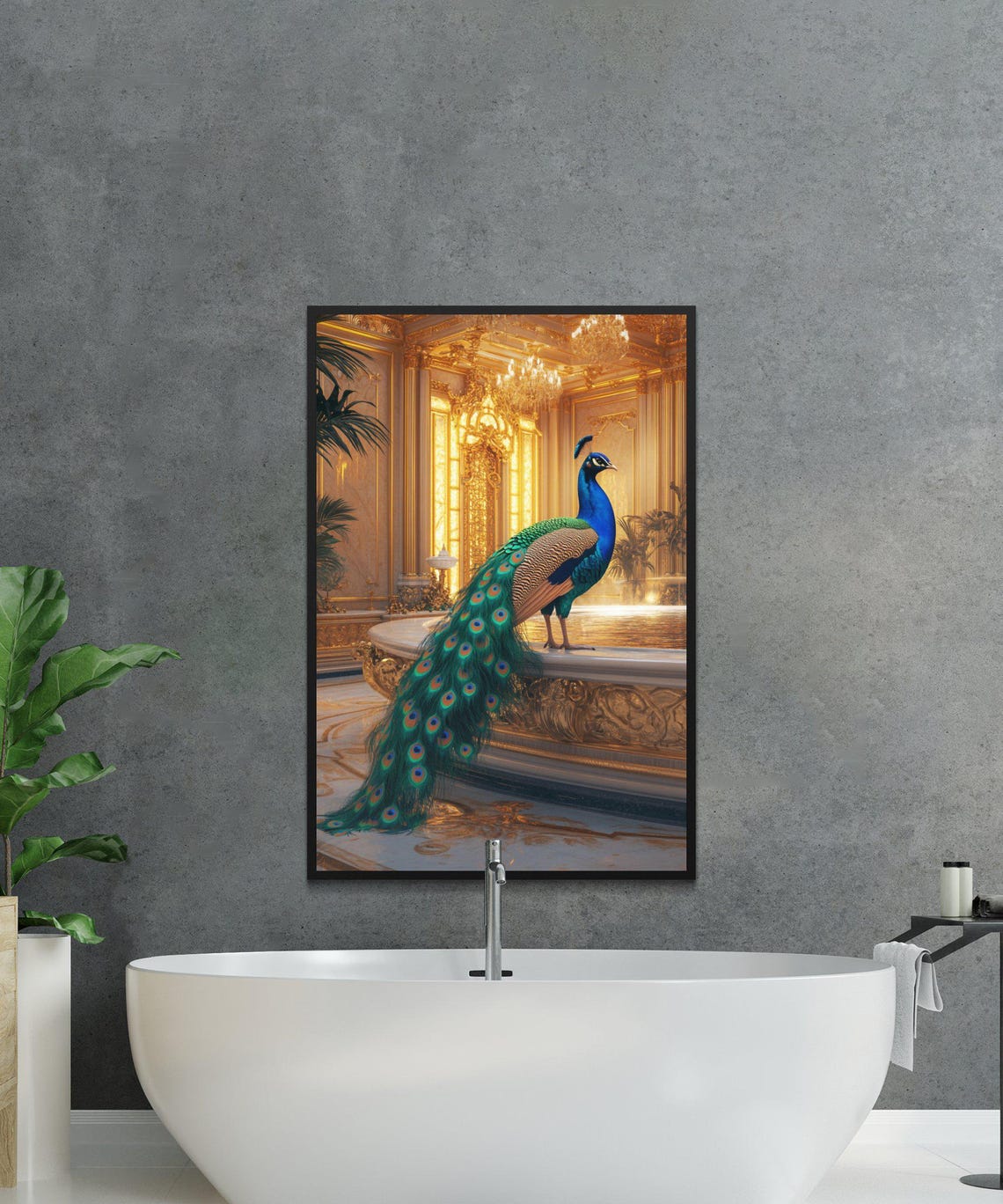 Majestic Peacock Perched in a Golden Palace Hall Elegant Art Poster - Image 2
