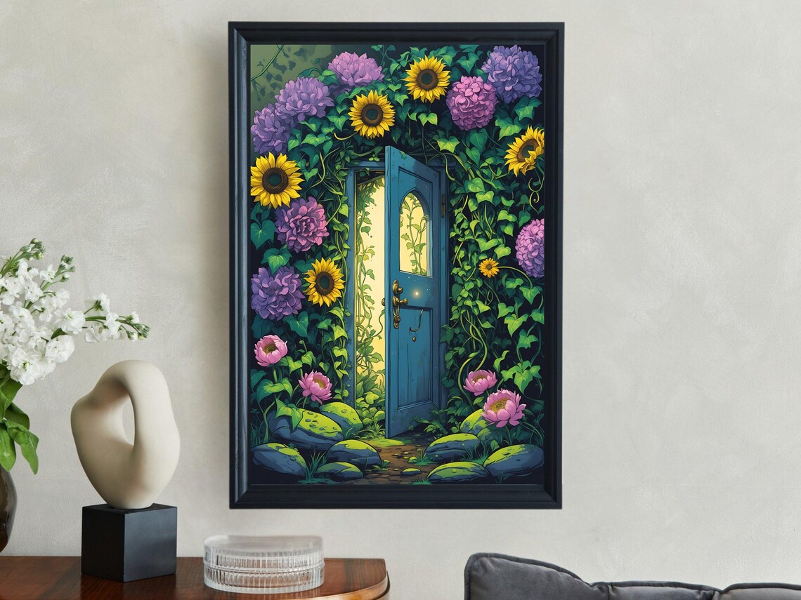 Blue Door Secret Garden Sunflowers Ivy Blooms Fantasy Art Print