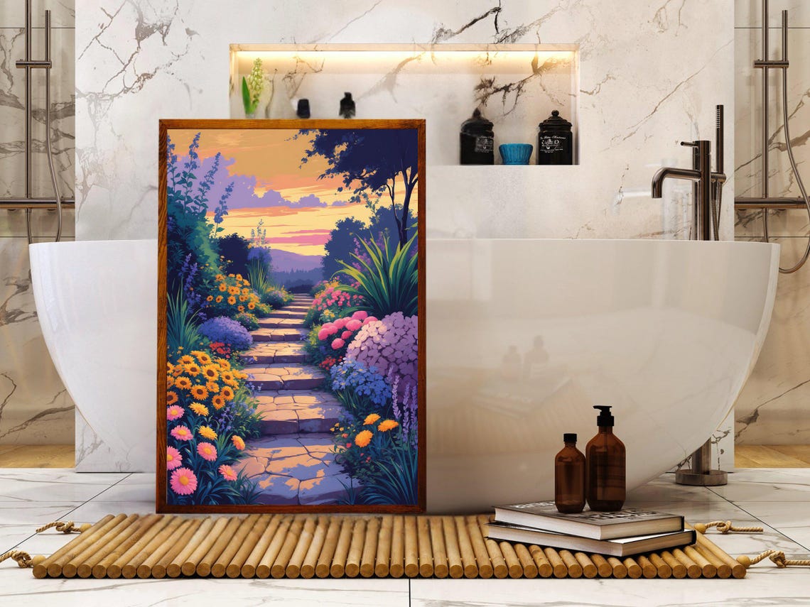Sunset Garden Stone Path Lined With Vibrant Wildflowers Poster - Image 5