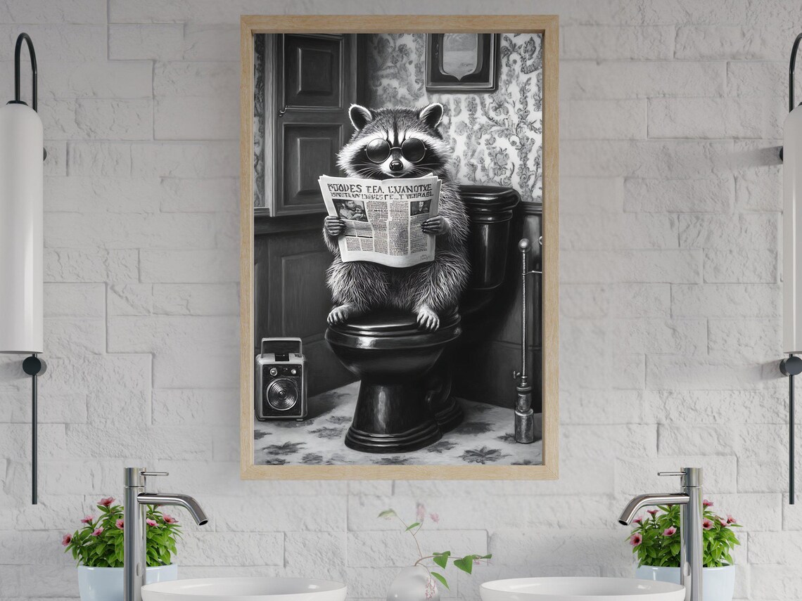 Raccoon in Round Sunglasses Reading a Newspaper on the Toilet Poster