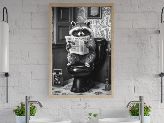 Raccoon in Round Sunglasses Reading a Newspaper on the Toilet Poster