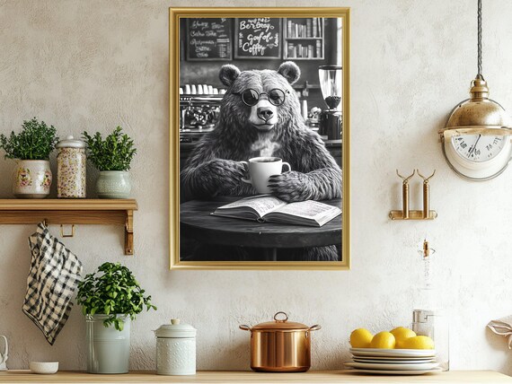 Cool Bear with Sunglasses Drinking Coffee in Black White Poster