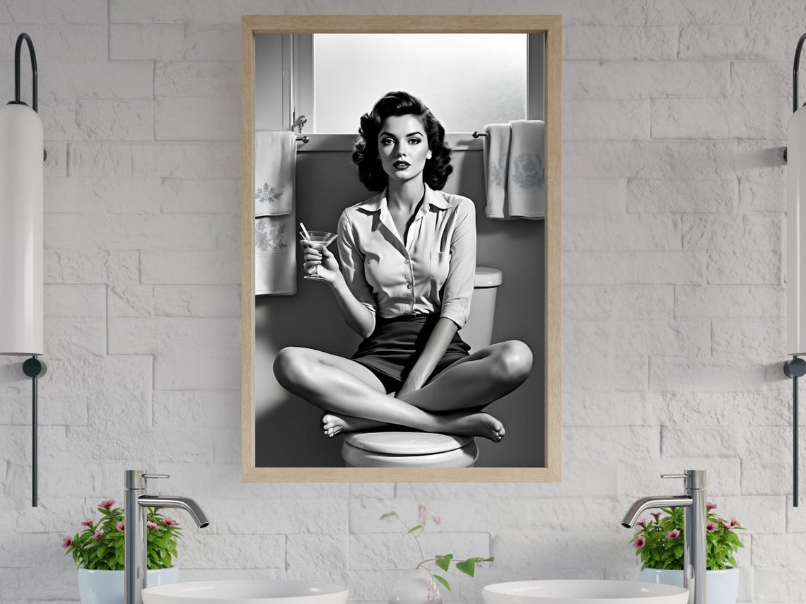 Dark Haired Pin Up Woman With Martini In Tiled Bathroom Poster
