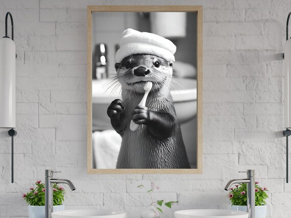 Otter Brushing Teeth With Towel On Head Black And White Poster