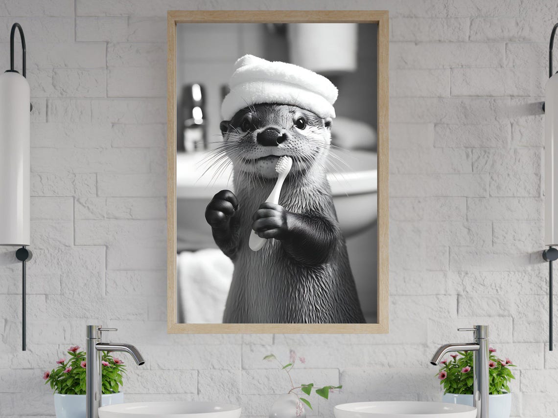 Otter Brushing Teeth With Towel On Head Black And White Poster