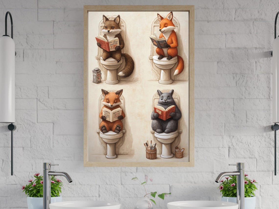 Four Foxes Sitting on Toilets and Reading Books Together Poster