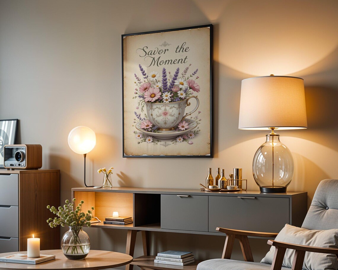 Savor The Moment Vintage Floral Teacup Bouquet Aged Paper Poster - Image 4