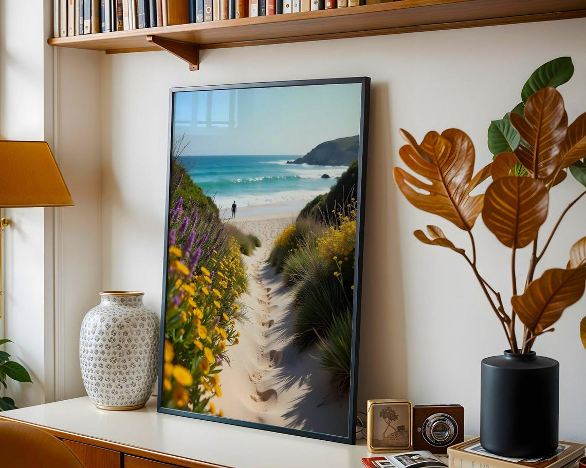 Flower Lined Sandy Footpath Leading to Turquoise Beach Poster - Image 3