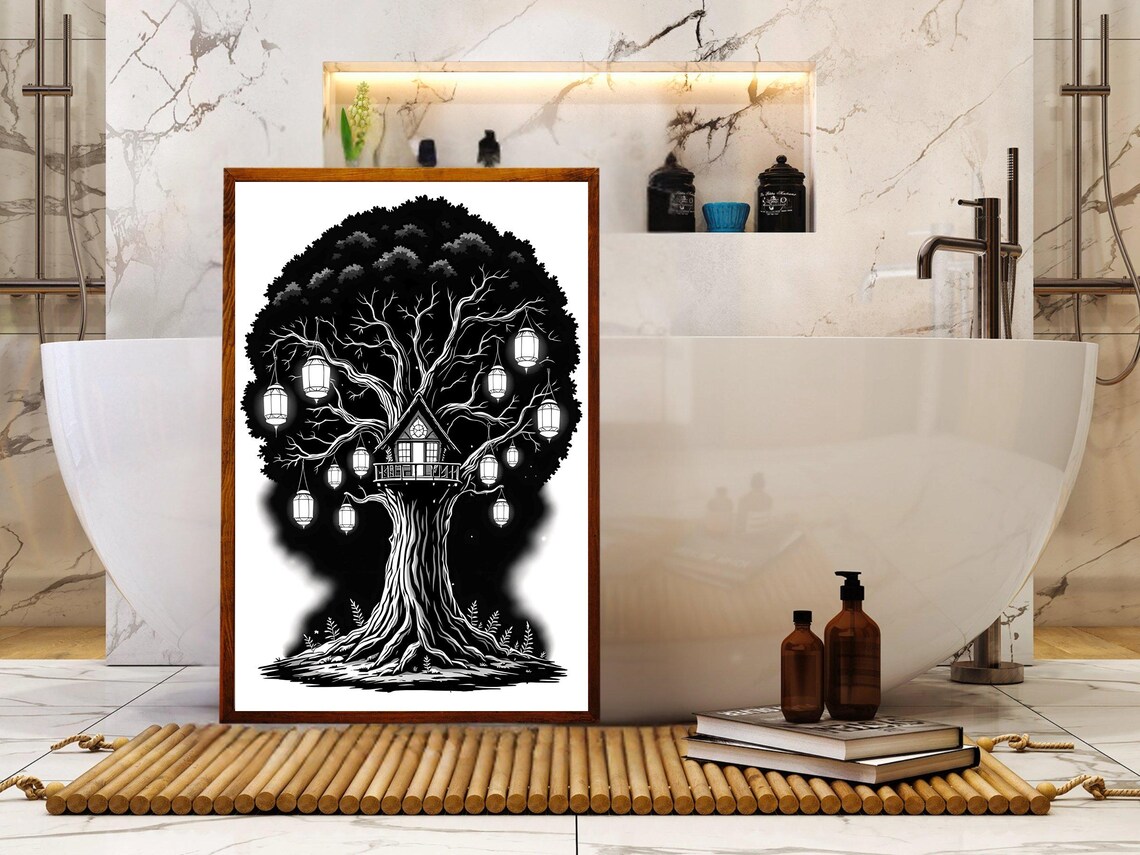 Enchanting Treehouse With Lanterns Wall Art Mystical Black And White Tree Illustration Print Nature Inspired Bohemian Decor - Image 4