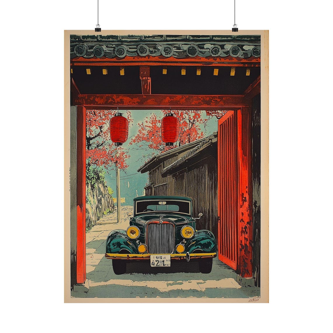 Vintage Classic Car Under Japanese Temple Gate Red Lanterns Poster