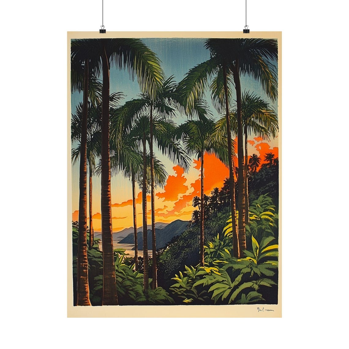 Retro Japanese Tropical Palm Trees Sunset Vintage Art Poster