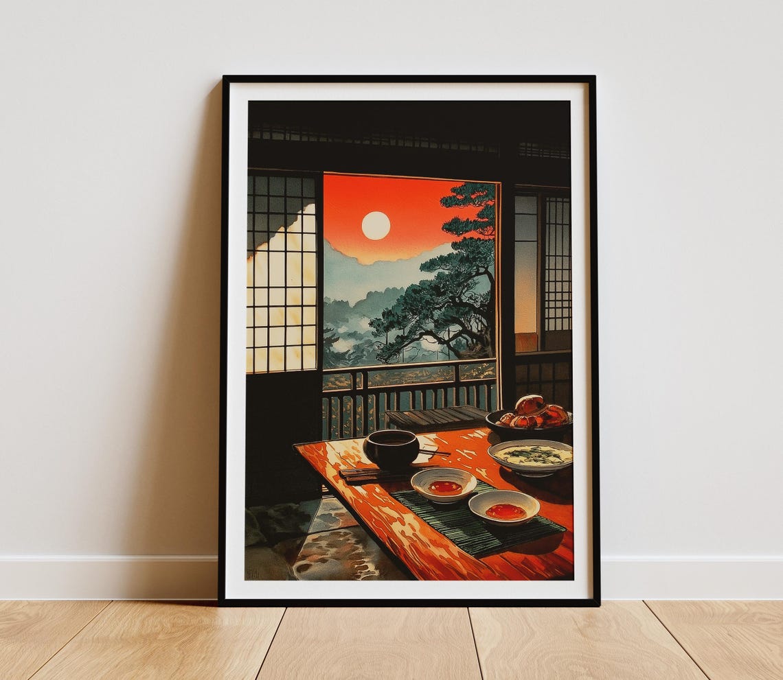 Japanese Sunrise Breakfast Overlooking Mountain Vintage Poster